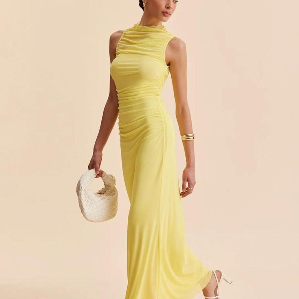 NWT Commense Yellow Ruched Maxi Dress Sleeveless XS